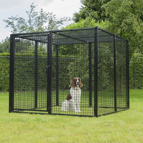 a dog in a cage